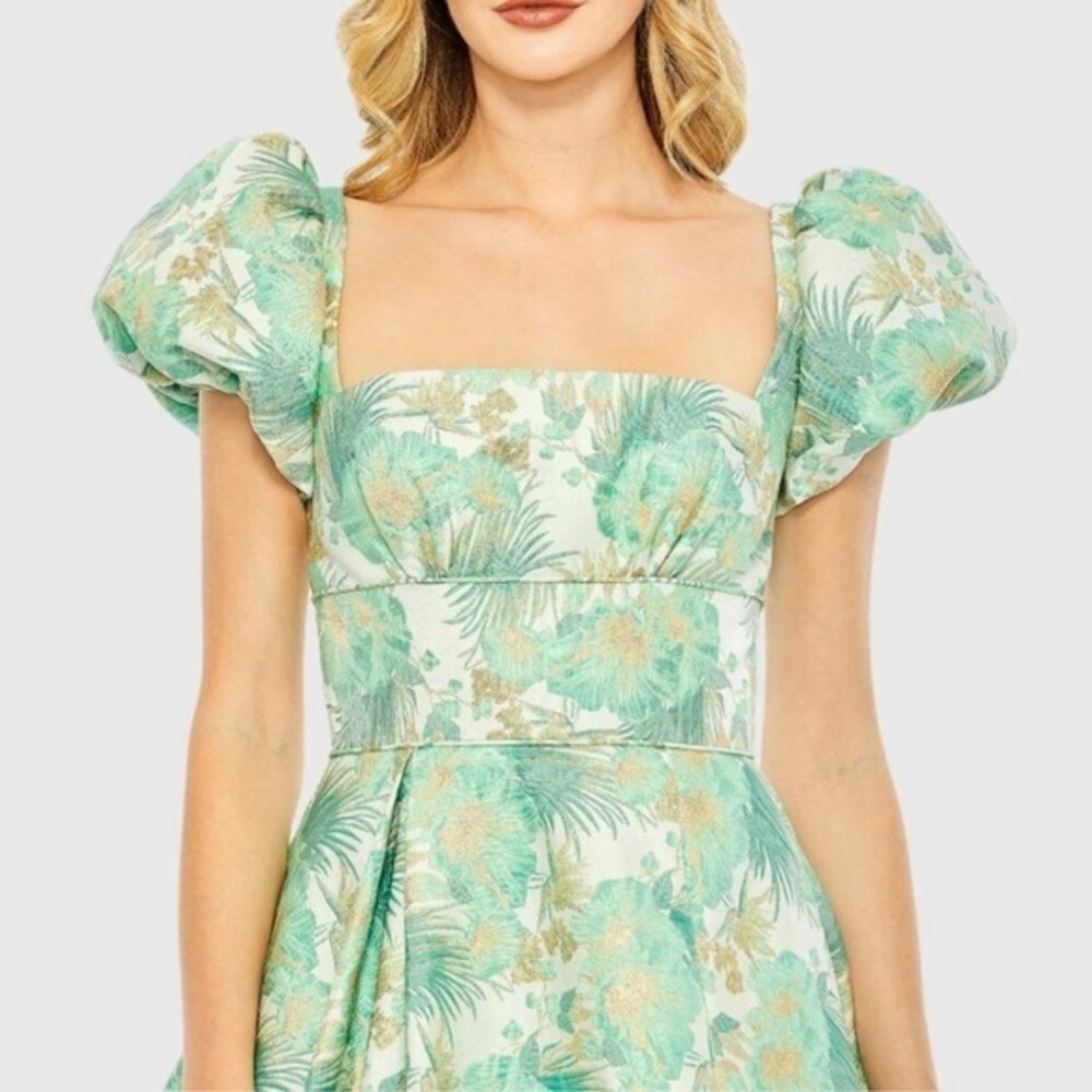 Mac Duggal Size 4 Green Gold Floral Brocade Ruffled Bubble Hem Gown Maxi Dress - Picture 4 of 6